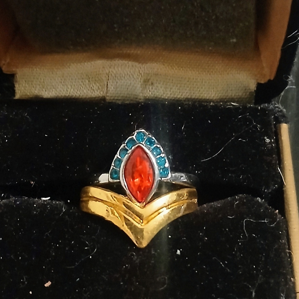 Two-Tone Marquise Red Stone Ring with Blue Accent Stones